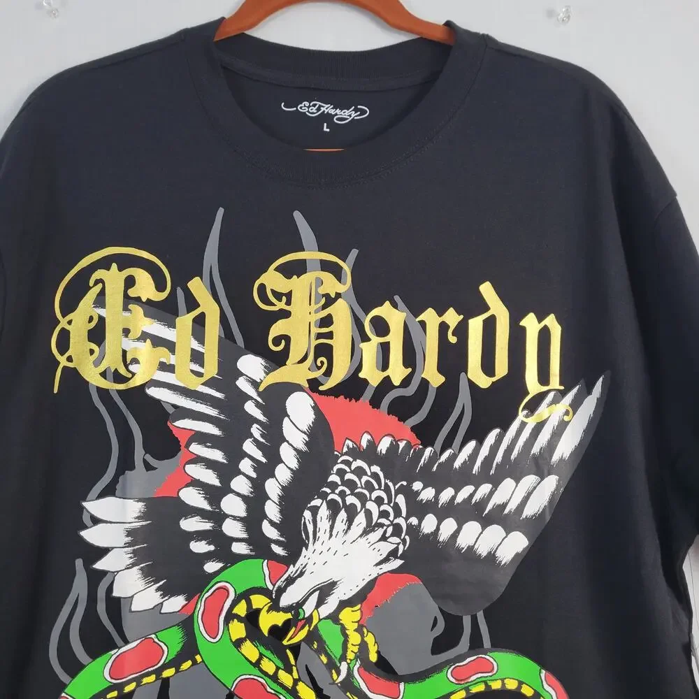 Ed Hardy Short Sleeve Crew Neck Graphic T-Shirt sz L Black Snake Eagle Y2K, New